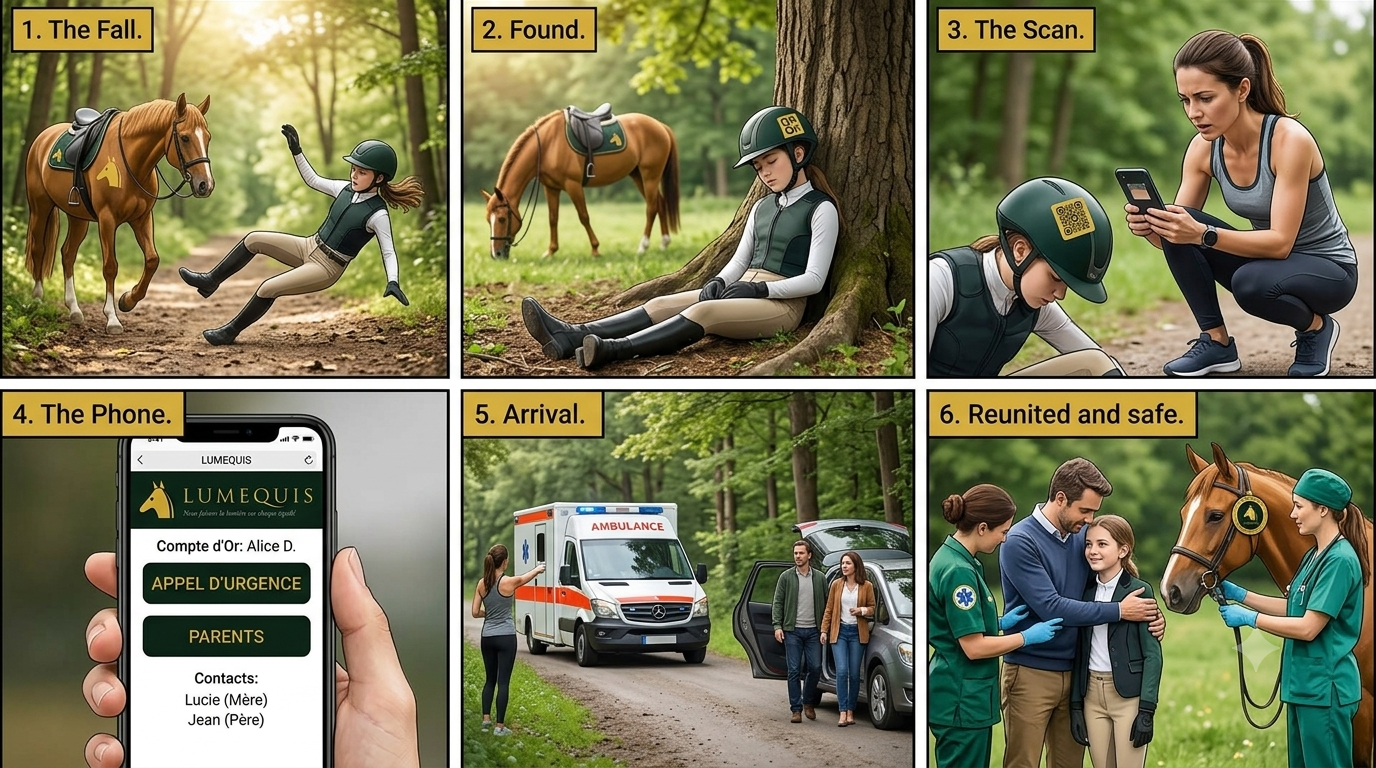 Bande dessinée en six vignettes : la chute, la cavalière retrouvée, le scan du QR Or sur le casque, la page d'urgence LUMEQUIS avec appel des proches, l'arrivée des secours, les retrouvailles avec le cheval.