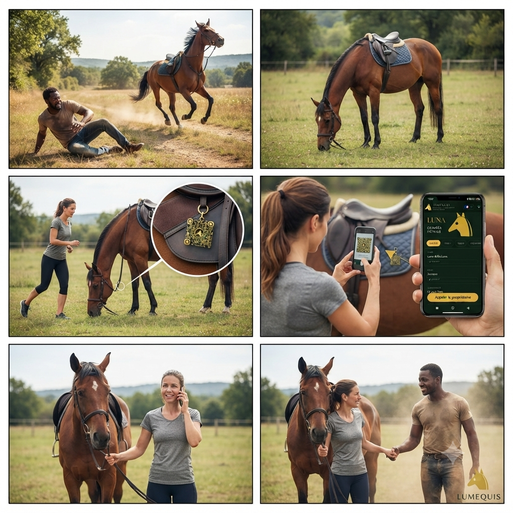 Histoire en six images : un cavalier chute, son cheval s'échappe, une joggeuse le retrouve, scanne le QR Or LUMEQUIS, appelle le propriétaire et lui rend son cheval